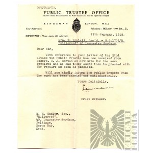 1955 r., Wielka Brytania, Londyn - Korespondencja Urzędowa Powiernika Publicznego (Public Trustee) W Sprawie Kosztorysu Prac Remontowych (?)