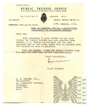 1955, United Kingdom, London - Official Correspondence of the Public Trustee Regarding Cost Estimates for Restoration Work (?).