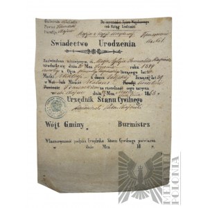 Królestwo Polskie, 1868 r. - Kopia Urzędowa Świadectwa Urodzenia, Gubernia Kaliska, Parafia Chojne