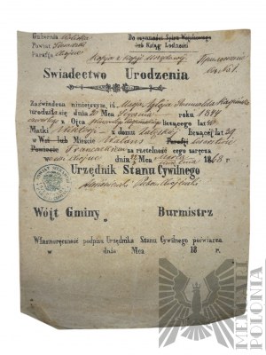 Kingdom of Poland, 1868. - Official Copy of Birth Certificate, Kaliska Governorate, Chojne Parish