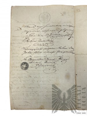 Gouvernorat de Varsovie, 1856. - Acte de mariage, synagogue de Nadarzyn (rues Mszczonowska et Błońska) ; signature du rabbin de la vieille paroisse juive du district de Gora et du maire de la ville de Gora (illisible).