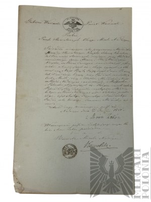 Gouvernorat de Varsovie, 18/30 décembre 1857. - Acte de mariage, synagogue de Nadarzyn (rues Mszczonowska et Błońska) ; signature du rabbin de l'ancienne paroisse juive du district de Nadarzyn (Aaron Zakon ?) et du maire de la ville de Nadarzyn (Kowalski