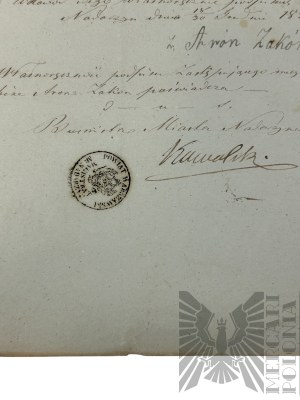 Gouvernorat de Varsovie, 18/30 décembre 1857. - Acte de mariage, synagogue de Nadarzyn (rues Mszczonowska et Błońska) ; signature du rabbin de l'ancienne paroisse juive du district de Nadarzyn (Aaron Zakon ?) et du maire de la ville de Nadarzyn (Kowalski