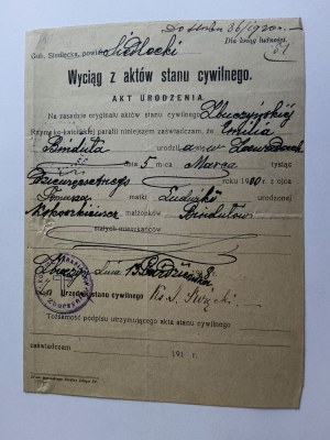 EXTRACT FROM BIRTH CERTIFICATE ZBUCZYN POWIAT SIEDLCE 1920, STAMP, SIGNATURES