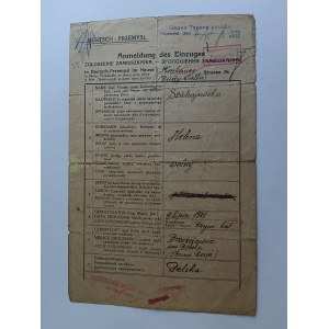 ZGŁOSZENIE ZAMIESZKANIA PRZEMYŚL 1942 ROK, JĘZYK NIEMIECKI, POLSKI, ROSYJSKI, STEMPLE, ZNACZEK