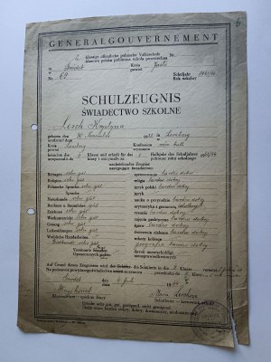 CERTIFICAT SCOLAIRE GENERAL GUBERNIA , GRÓDEK POW. JASŁO 1944 ANNÉE, CACHET, SIGNATURES