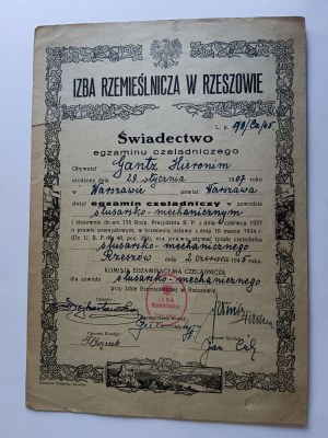 CERTIFICATE OF JOURNEYMAN EXAMINATION RZESZOW, 1945