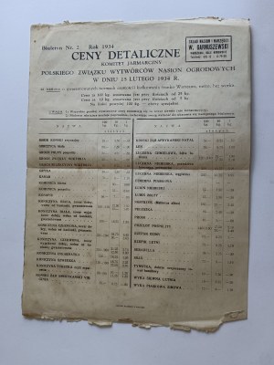 BULLETIN DE PRIX POLSKI ZWIĄZEK WYTWÓRCÓW NASION OGRODOWYCH SKŁAD NASION I NARZĘDZI GARNUSZEWSKI, WARSZAWA 1934 ANNÉE