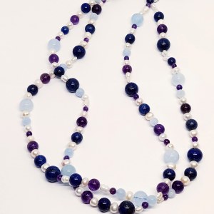 Silver necklace with natural Kaori cultured pearls, amethyst, aquamarine and lapis lazuli