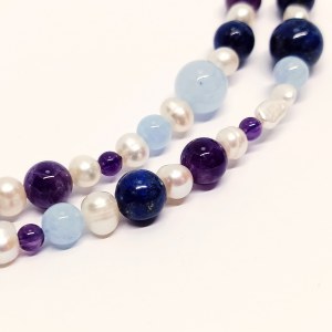 Silver necklace with natural Kaori cultured pearls, amethyst, aquamarine and lapis lazuli