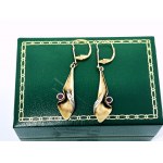 Long gold earrings with rubies and diamonds