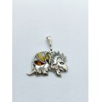 Silver pendant in the shape of a dinosaur with tri-colored natural Baltic amber