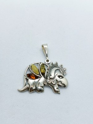 Silver pendant in the shape of a dinosaur with tri-colored natural Baltic amber