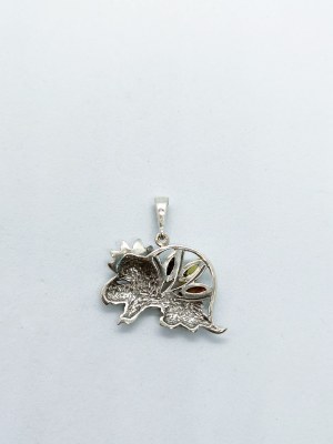 Silver pendant in the shape of a dinosaur with tri-colored natural Baltic amber