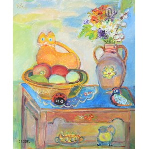 Judyta SOBEL (1924-2012), Martwa natura z rudym kotem
