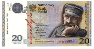 PLN 20, 2018, 100th anniversary of Independence, Joseph Pilsudski