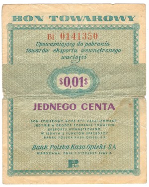 Pewex, Commodity Voucher 1 cent 1960, Bl series - no clause
