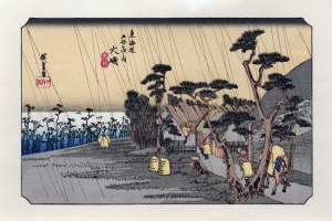 Utagawa Hiroshige (1797 - 1858), Deszcz na Oiso, z serii: Pięćdziesiąt trzy stacje na gościńcu Tōkaidō, Japonia, II poł XX w.