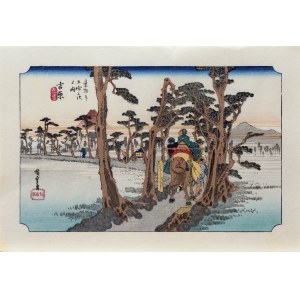 Utagawa Hiroshige (1797 - 1858), Góra Fuji po lewej stronie drogi w Yoshiwara, z serii: Pięćdziesiąt trzy stacje na gościńcu Tōkaidō, Japonia, II poł XX w.