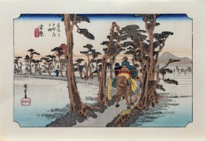 Utagawa Hiroshige (1797 - 1858), Góra Fuji po lewej stronie drogi w Yoshiwara, z serii: Pięćdziesiąt trzy stacje na gościńcu Tōkaidō, Japonia, II poł XX w.