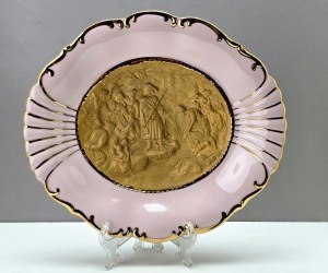 Dekoracyjna patera z różowej porcelany ze złotym reliefem - wytwórnia H&C Chodov - Czechosłowacja lata 70-te