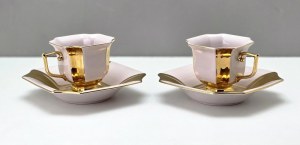 Para złoconych filżanek do mokki - różowa porcelana - tête-à-tête lata 70te