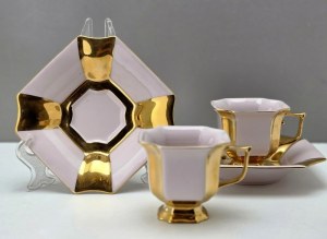 Para złoconych filżanek do mokki - różowa porcelana - tête-à-tête lata 70te