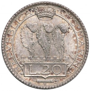 SAN MARINO 20 Lire 1938 - Gig. 8 AG (g 20,04) RR Segnet...