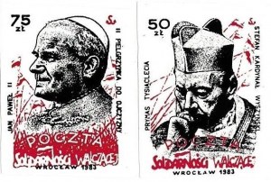 Set of two postage stamps of Solidarity Fighting (John Paul II (Second Pilgrimage to the Homeland), Primate of the Millennium Stefan Cardinal Wyszynski)