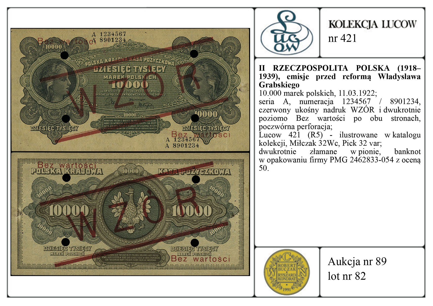 10.000 marek polskich, 11.03.1922; seria A, numeracja 1... - Aukcja ...