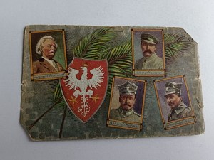 POCZTÓWKA PADEREWSKI, PIŁSUDSKI, HALLER, DOWBOR MUŚNICKI, GODŁO HERB ORZEŁ, NIECH ŻYJE POLSKA