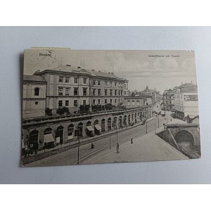 POCZTÓWKA BIELSKO BIELITZ SCHLOSSBAZAR MIT TUNNEL, STEMPEL, ZNACZEK 1916 R