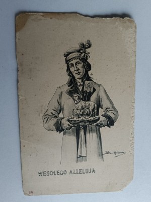 POHLEDNICE POLSKÁ MALBA RYBKOWSKI LIDOVÉ KROJE VELIKONOČNÍ BERÁNEK