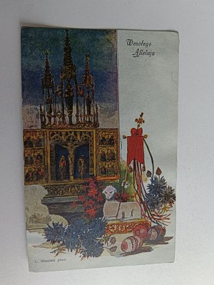 CARTE POSTALE PEINTURE POLONAISE STASIAK AGNEAU DE PÂQUES PISANKI