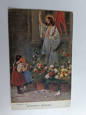 CARTE POSTALE PEINTURE POLONAISE SETKOWICZ, JÉSUS, ENFANTS, PÂQUES, TIMBRE