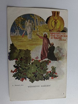 CARTE POSTALE PEINTURE POLONAISE STASIAK JÉSUS, ANGE, PÂQUES, CALICE