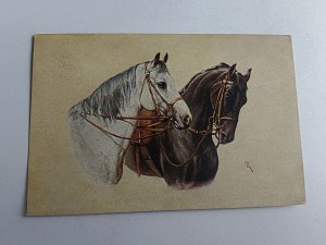 POCZTÓWKA KONIE KOŃ MALARSTWO PRZEDWOJENNA, ZNACZEK, STEMPEL