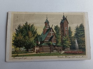 POCZTÓWKA KARKONOSZE RIESENGEBIRGE KARPACZ ŚWIĄTYNIA WANG, ZNACZEK, STEMPEL 1943 R, PIECZĄTKA