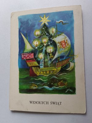 BATEAU CARTE POSTALE DE NOËL ARBRE DE NOËL, SHAKER