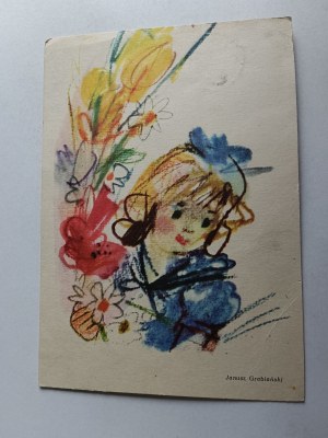 CARTE POSTALE DE NOËL, FILLE, FLEURS, GRABIAŃSKI