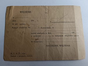 AVIS D'ADMISSION D'UN PRISONNIER, PRISON, DIRECTEUR DE PRISON, 1930