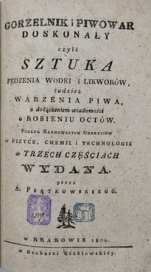 przez A. Piątkowskiego, Gorzelnik i piwowar doskonały czyli Sztuka pędzenia wodki i likworów, tudzież warzenia piwa : podług naynowszych odkryciów w fizyce, chemii i technologii w trzech częściach wydana. Cz. II O robieniu likworów i octów [1809]