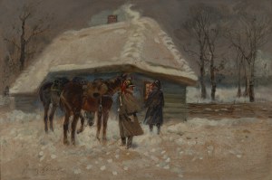 Jerzy Kossak (1886 Kraków - 1955 Kraków), Ułani pod chatą