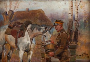 Jerzy Kossak (1886 Kraków - 1955 Kraków), Lancer drinking a horse, 1938