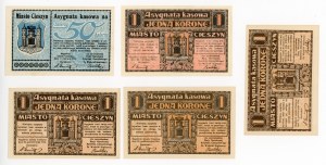 Cieszyn; City; 1 x 50 haler and 4 x 1 crown 1919. total 5 pcs. - Each different(331)