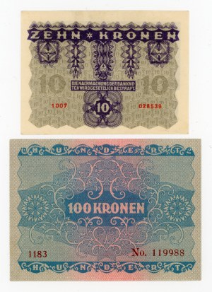 Austria, set of 10 and 100 crowns 1922. total of 2 pieces. (351)
