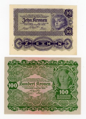 Austria, set of 10 and 100 crowns 1922. total of 2 pieces. (356)