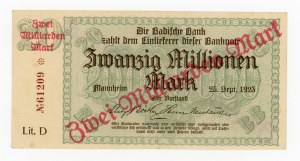 Germany, Baden, 20 million marks 1923 reprint for 2 billion marks (358)