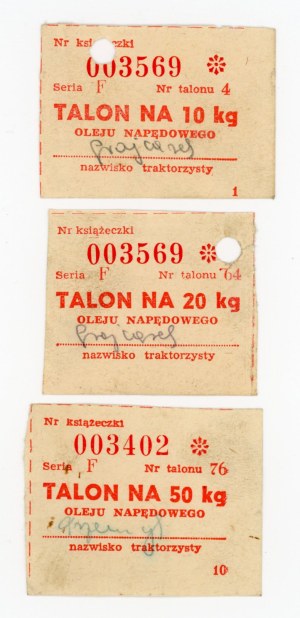 Diesel fuel vouchers for a tractor driver for 10, 20 and 50 kg. Total of 3 pcs. (1030)