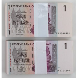Zimbabwe, 1 dolar 2007. 2 x Paczka bankowa 100 szt. (852)